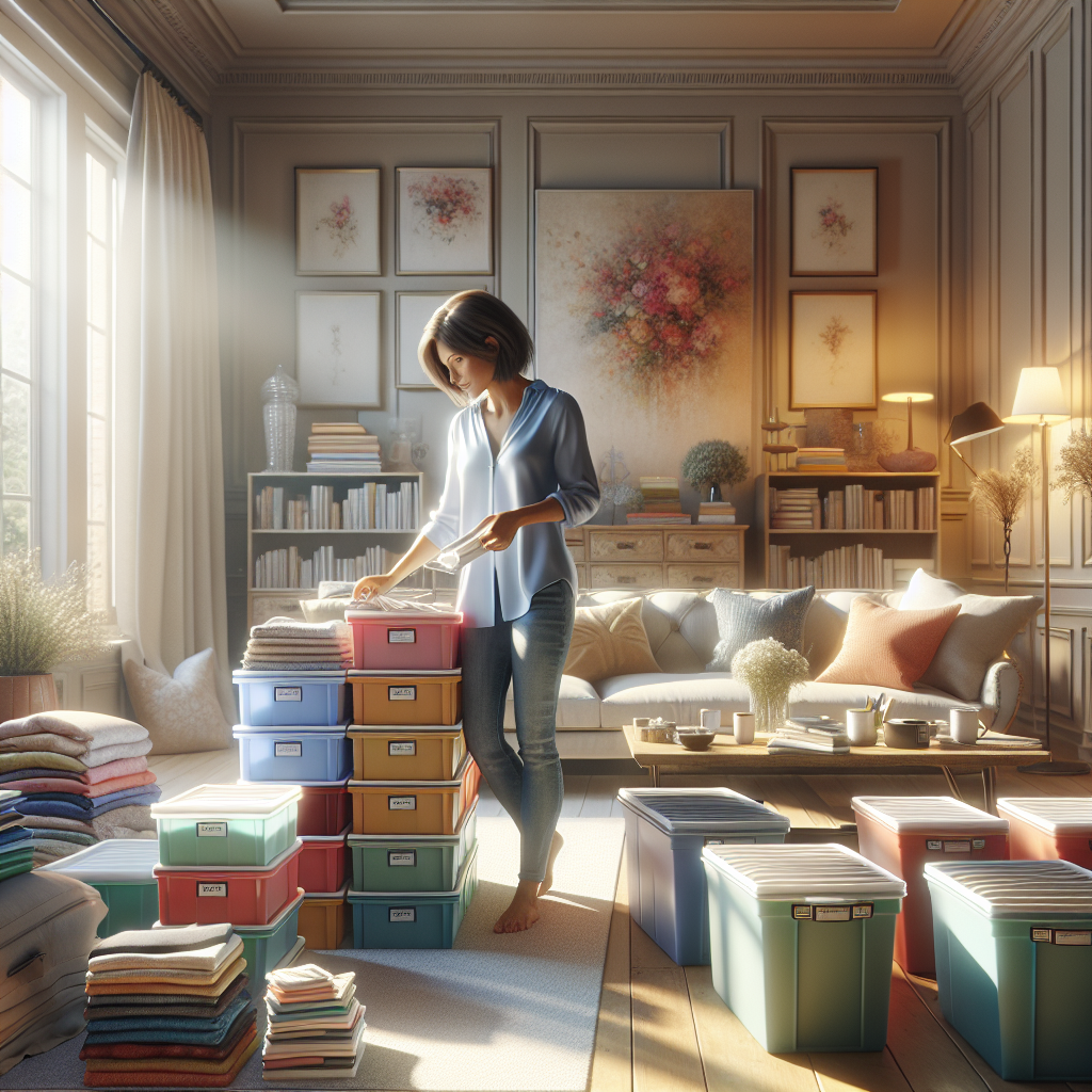 A professional organizer working in a bright, organized living room.