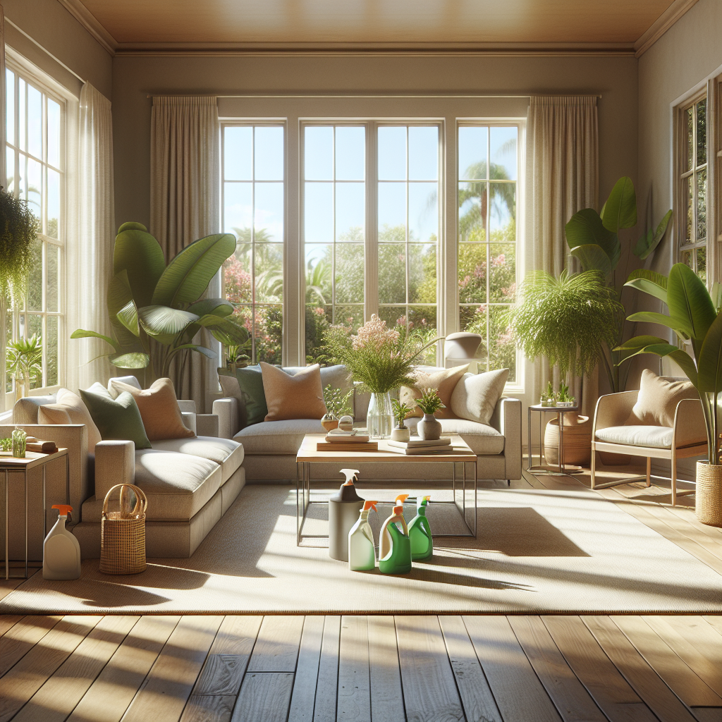 A bright and inviting Southern California living room with eco-friendly cleaning supplies.
