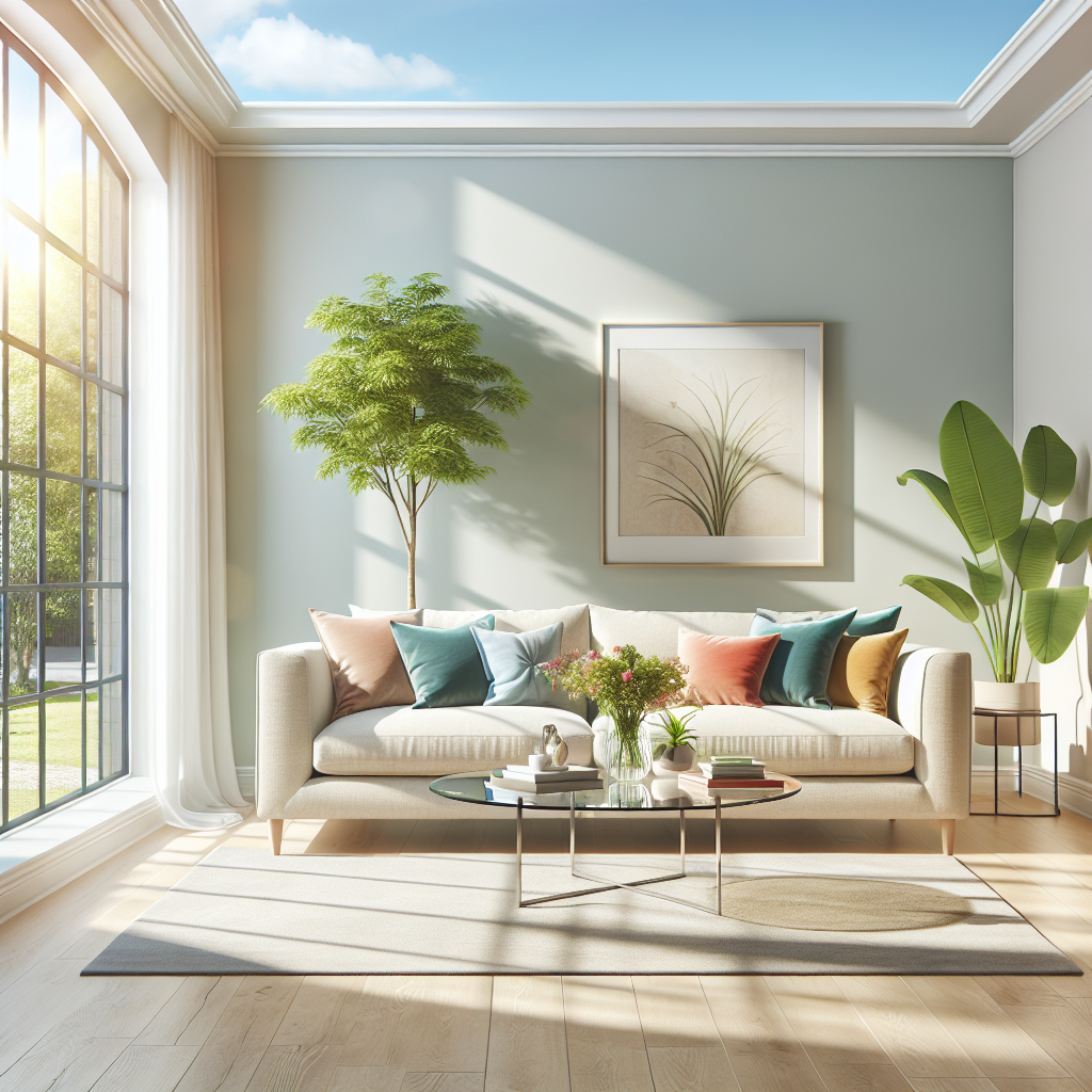 A clean and bright living room with a modern sofa and sunlight.