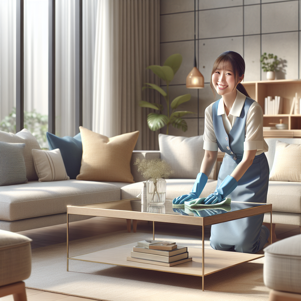 A woman in a blue uniform cleaning a coffee table in a bright and tidy living room.