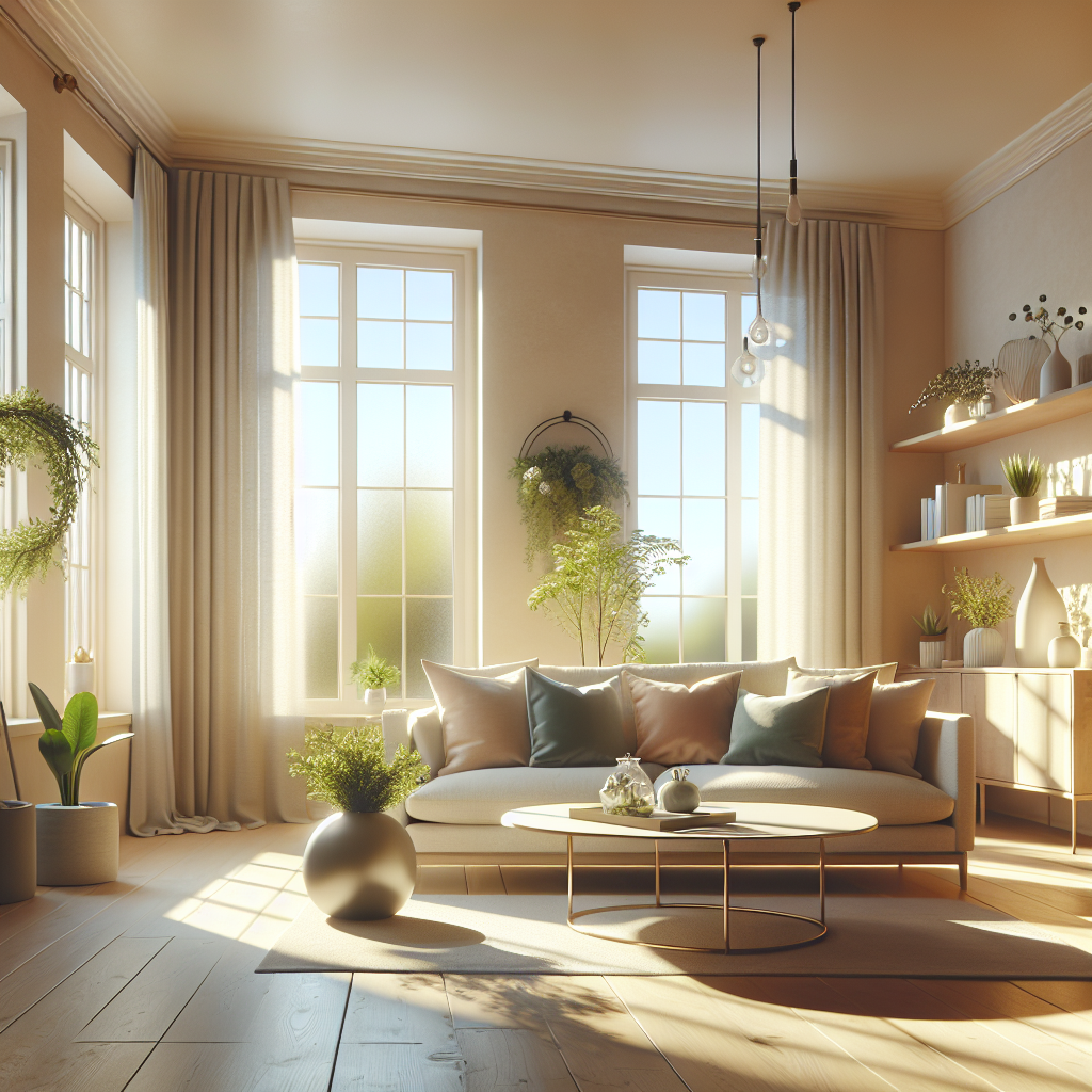 A clean and welcoming living room with natural light and eco-friendly cleaning supplies.