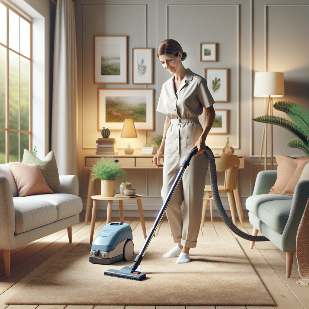 A professional cleaner vacuuming a cozy living room.