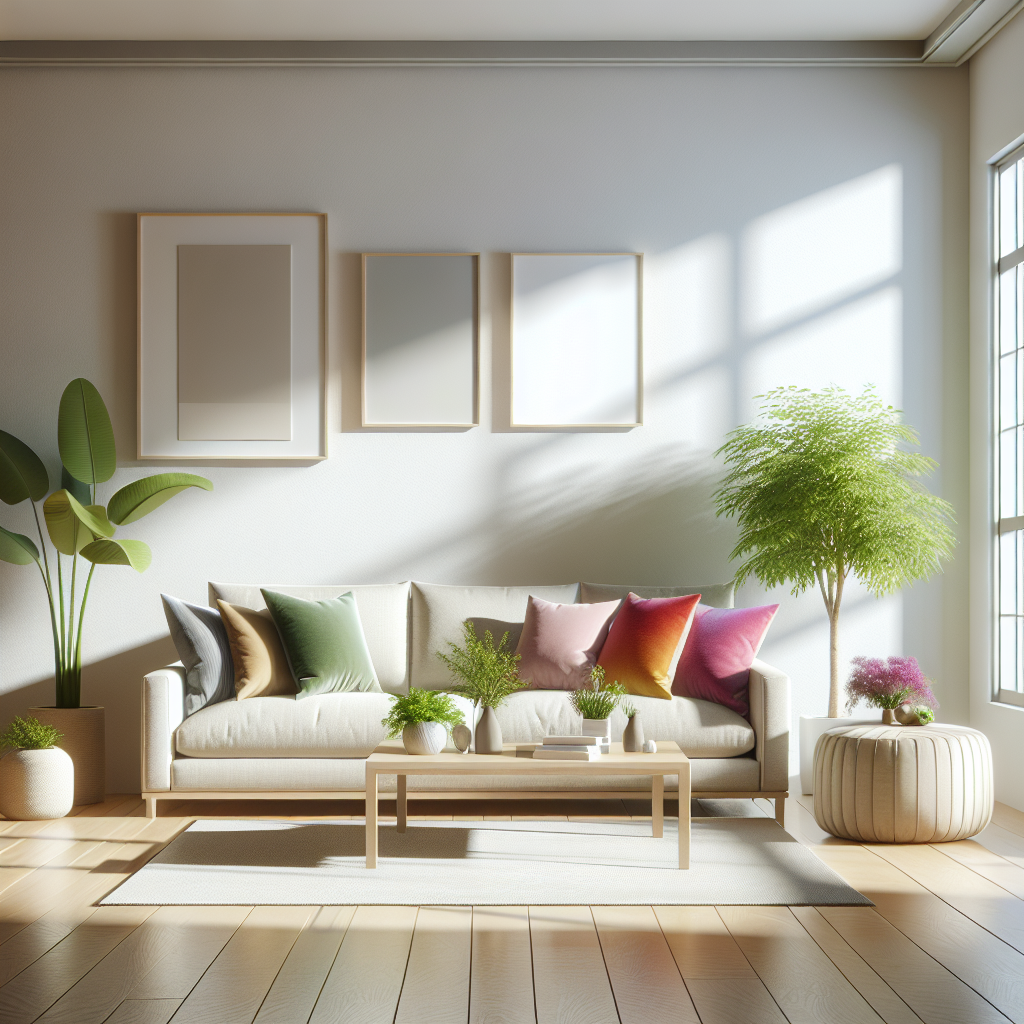 A clean and organized modern living room with a sofa, coffee table, and natural lighting.
