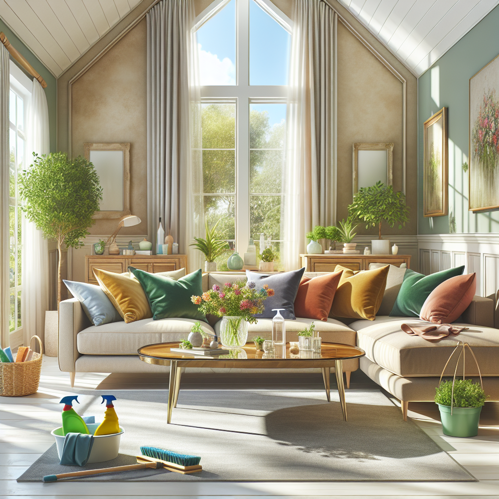 A clean and inviting cozy living space with a sofa, coffee table, and houseplants.