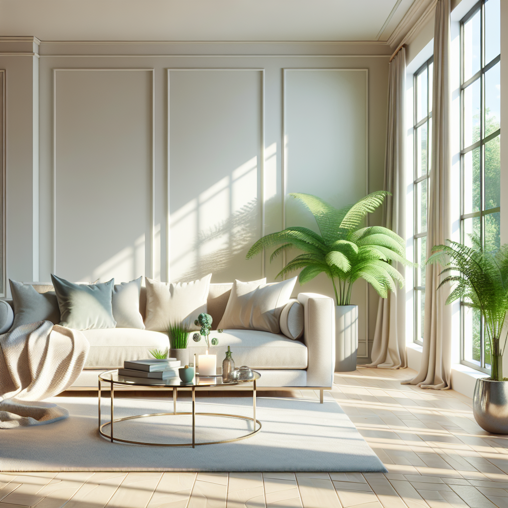 A pristine living room after a deep clean, showcasing a modern layout with a sofa and plants.