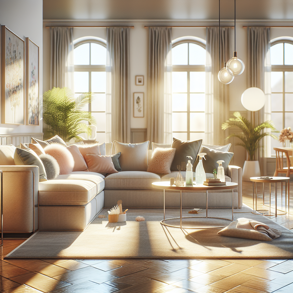 A clean and inviting living room showcasing a cozy apartment style with modern furniture and eco-friendly cleaning supplies.