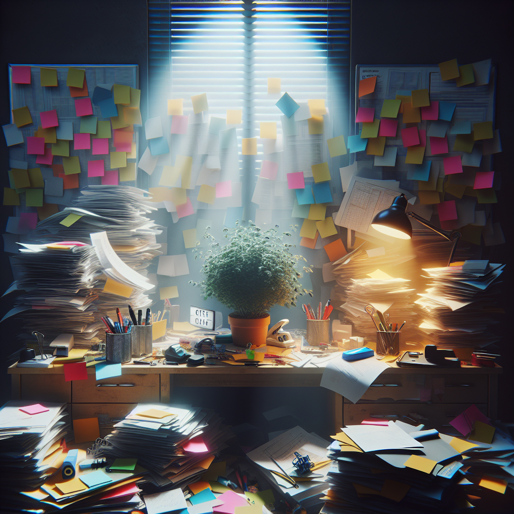 A cluttered workspace with desk items in disarray.