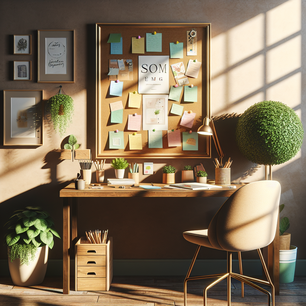 A cozy and organized workspace with a wooden desk, potted plant, and inspiration board.