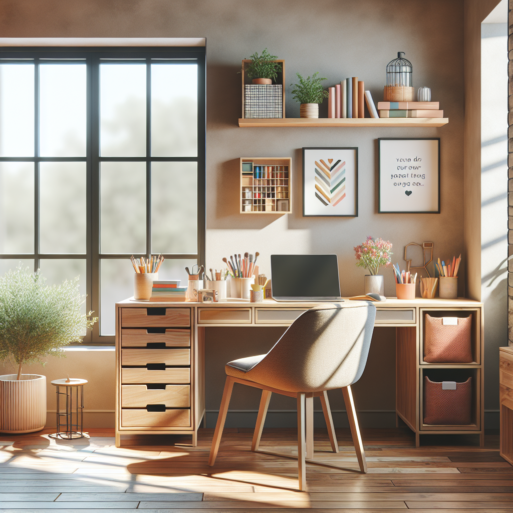 A cozy, organized home office space with a desk, chair, and decorative elements.