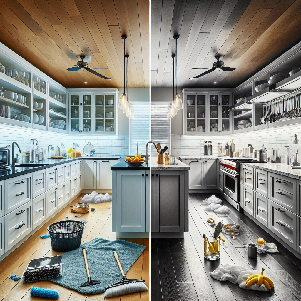 A spotless kitchen interior, with one half before cleaning and the other after deep cleaning, illustrating a stark contrast.