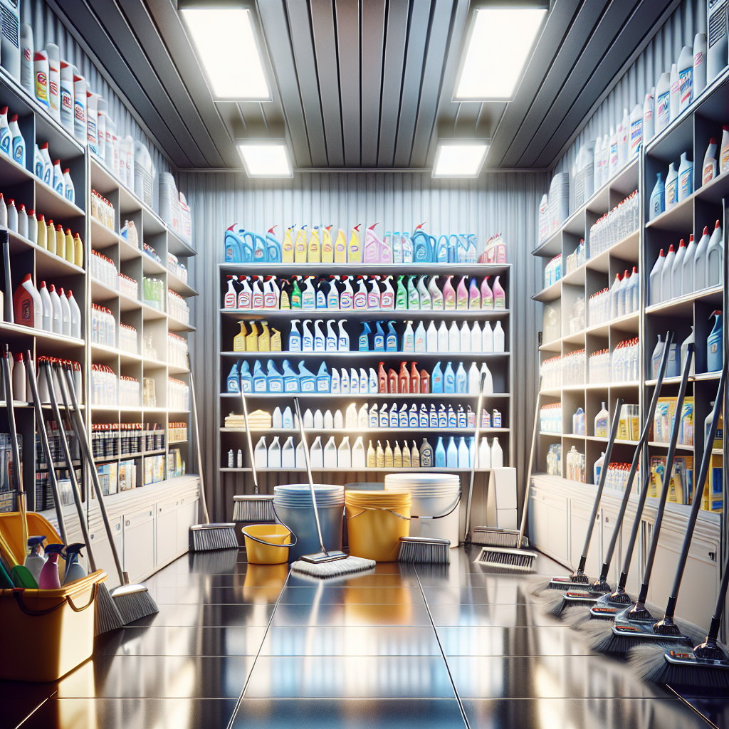 A well-organized cleaning supplies room with realistic details and bright lighting.