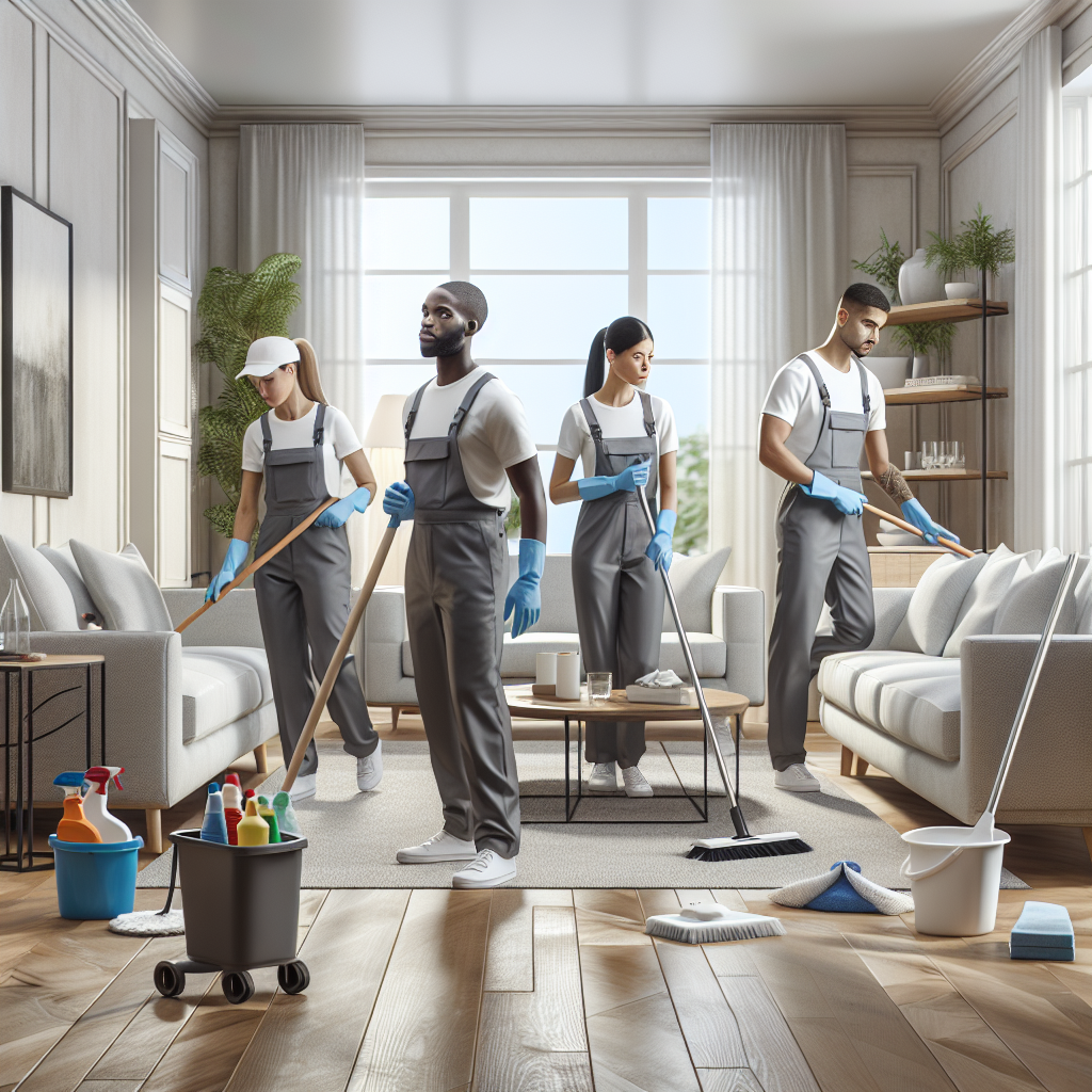 A professional cleaning service team working in a tidy and well-organized living space, highlighting their efficiency and cleaning expertise.
