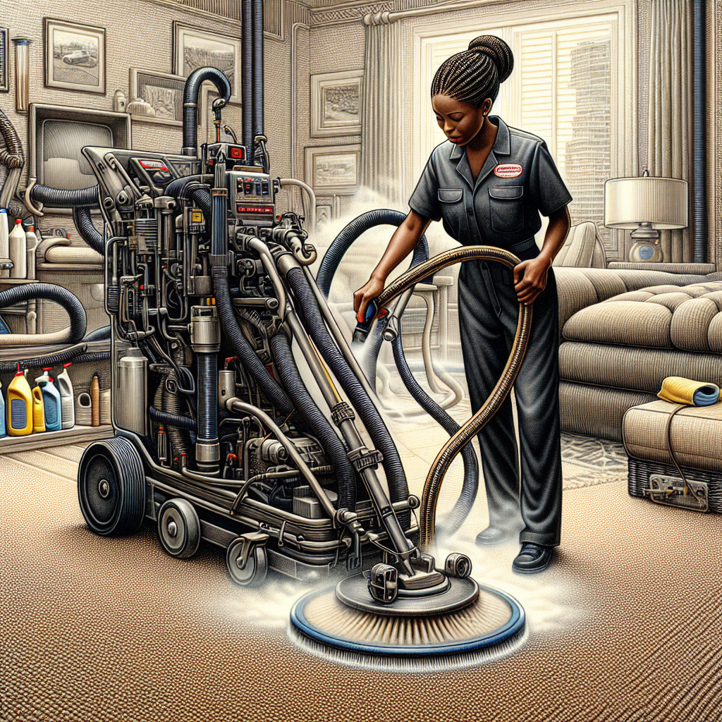 A professional carpet cleaning service using a steam cleaner on a beige carpet.