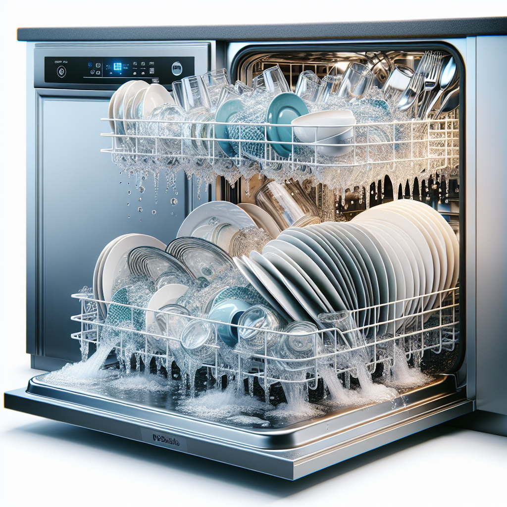 A realistic image of an open, fully loaded dishwasher in the midst of a deep cleaning cycle in a modern kitchen.