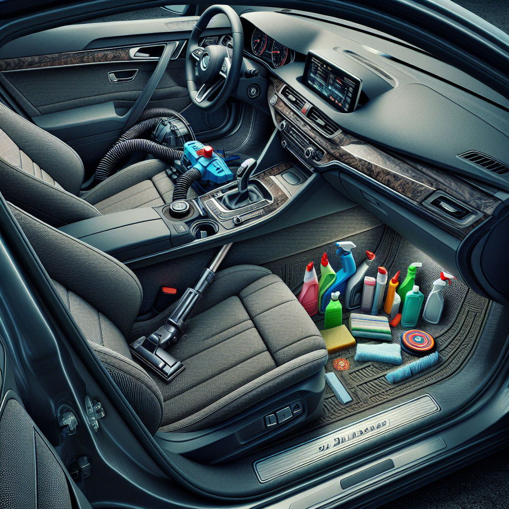 Realistic image of car interior during deep cleaning process.