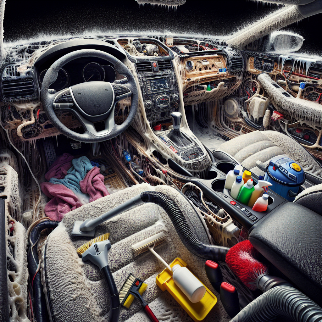 Realistic image of the interior of a car mid deep cleaning process.