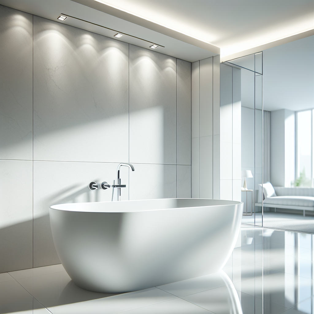 A clean and pristine white bathtub in a well-lit modern bathroom