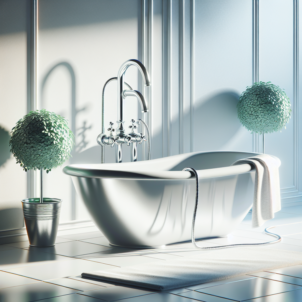 A clean white bathtub in a bright bathroom with shiny faucets, a hanging towel, and a potted plant.