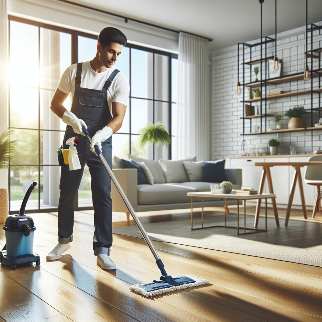 A cleaning professional cleaning a modern living room with various tools.