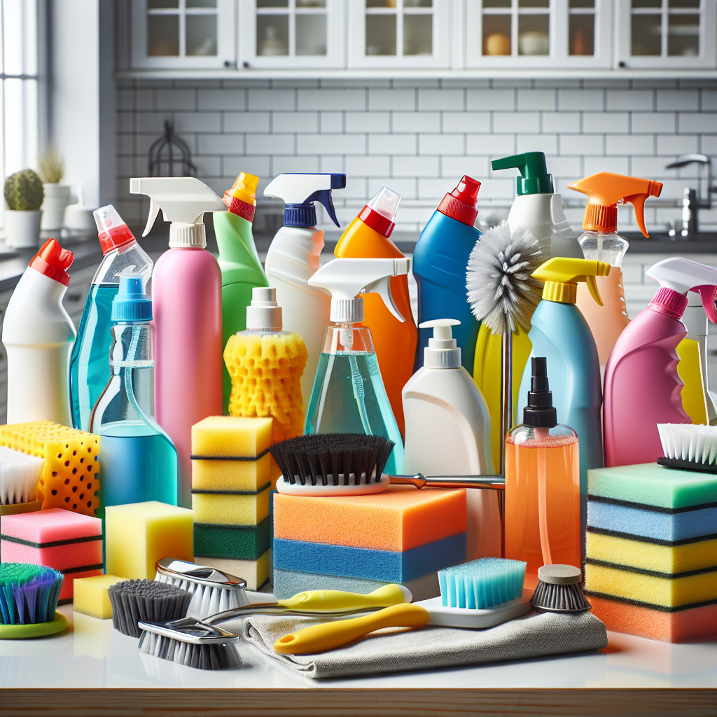 A collection of cleaning supplies arranged on a clean countertop in a modern kitchen.