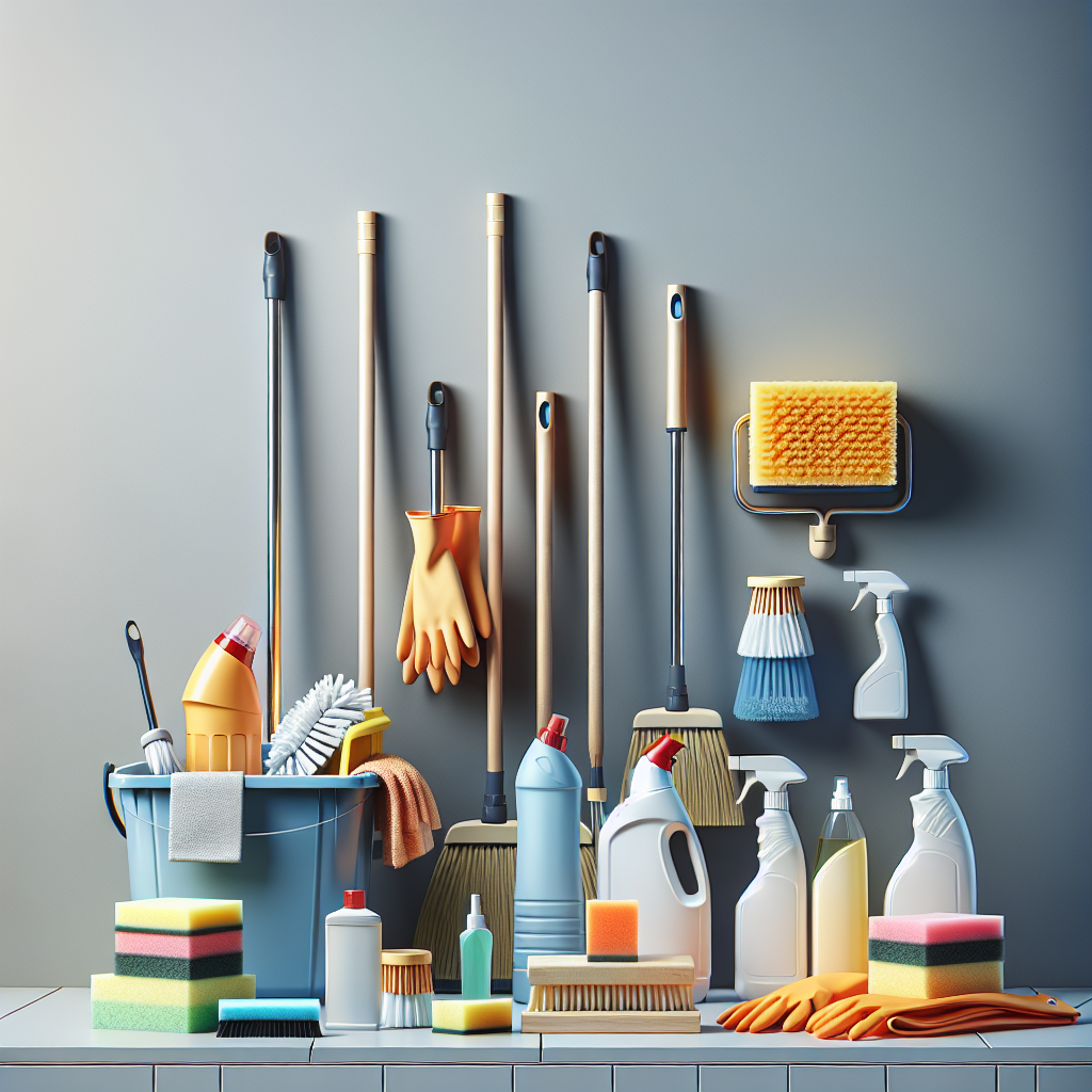 Realistic arrangement of cleaning supplies including mop, bucket, sprays, brushes, gloves, and sponges.