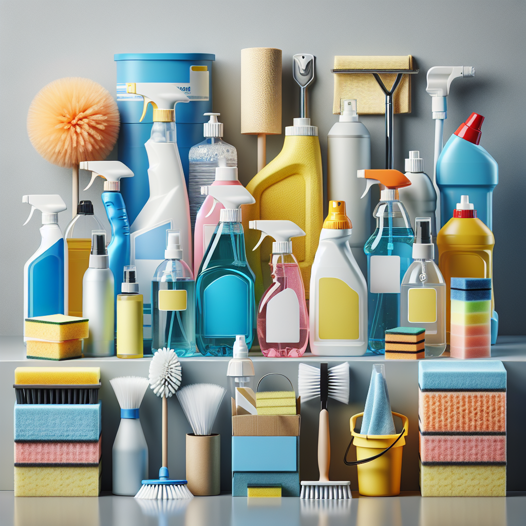 A realistic depiction of assorted cleaning products arranged neatly