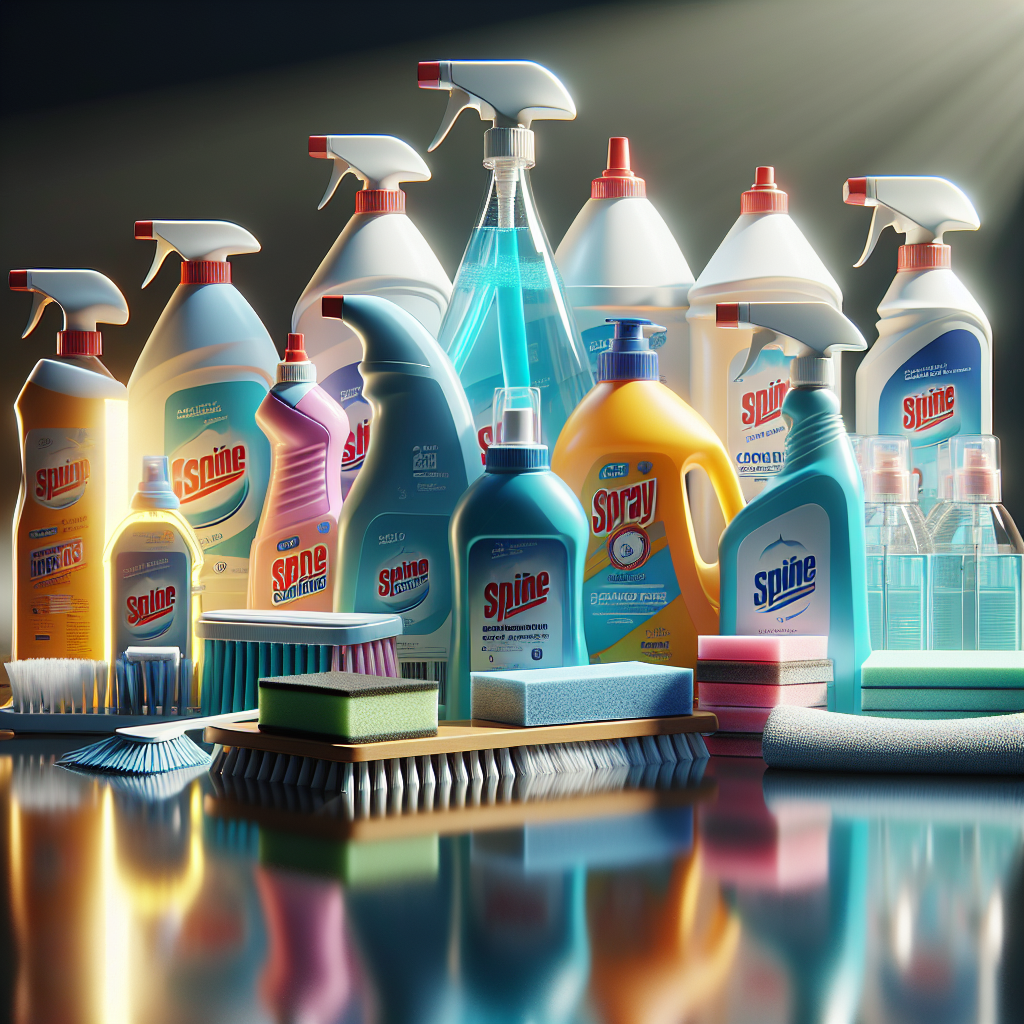 A realistic image of assorted cleaning products in a kitchen or bathroom setting.