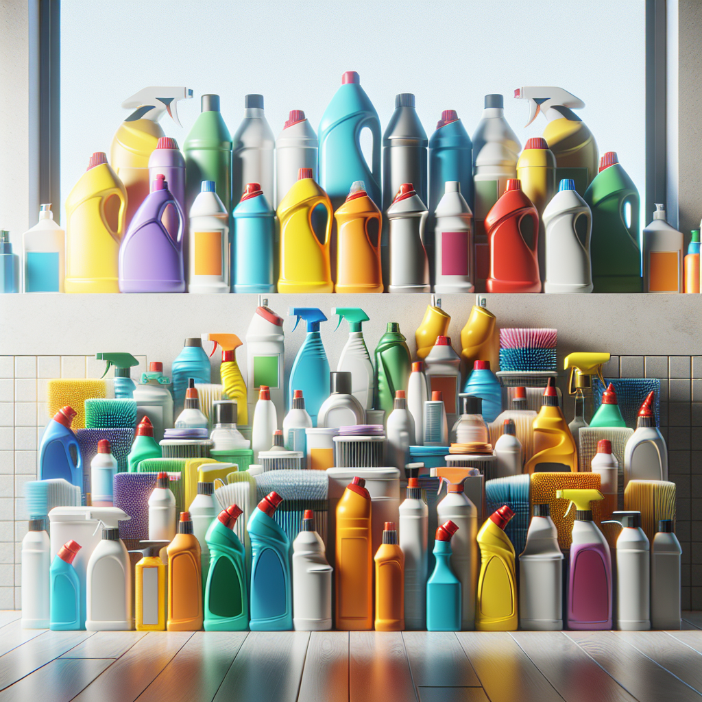 Assorted cleaning products organized neatly.