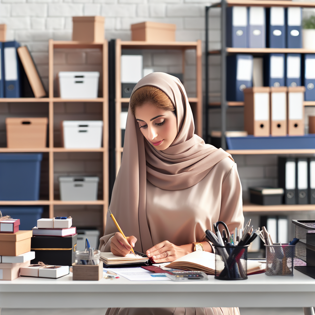 A professional organizer in a neatly arranged office setting, reflecting a sense of order and productivity.