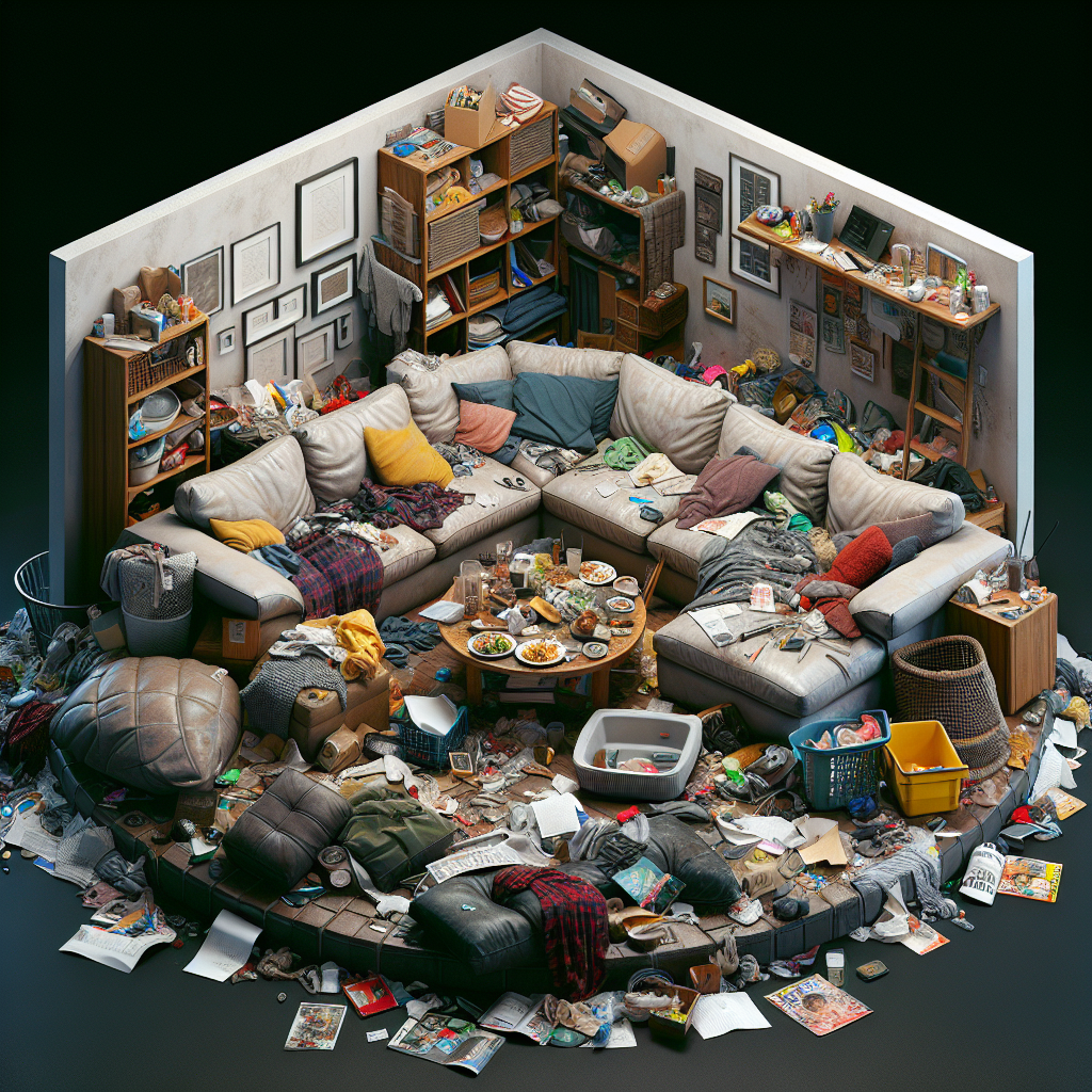 A cluttered apartment living room requiring cleaning.