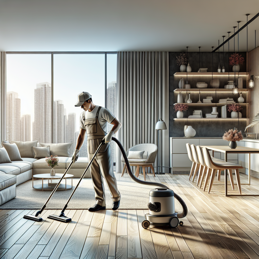 A professional cleaner working in a modern, tidy apartment.