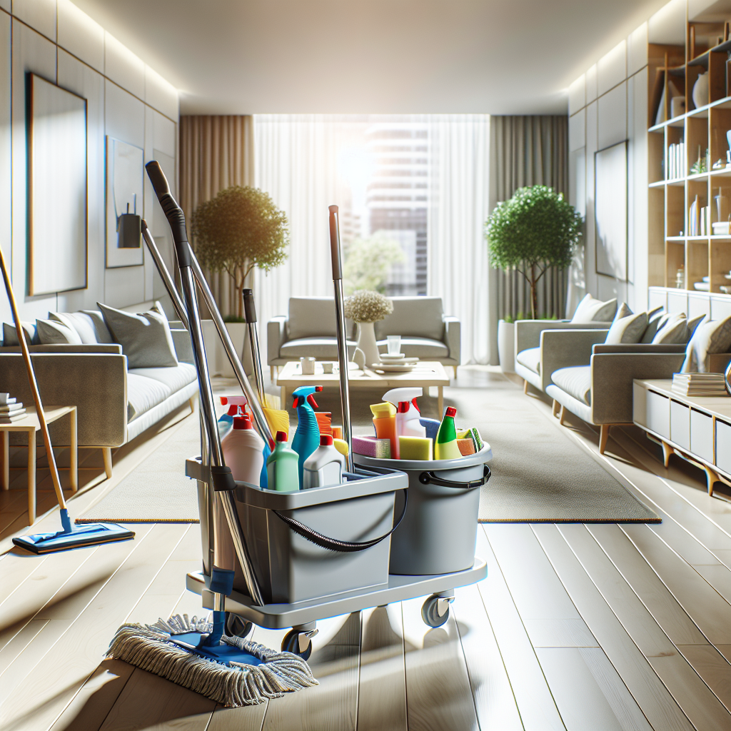 A realistically clean apartment with cleaning utensils.