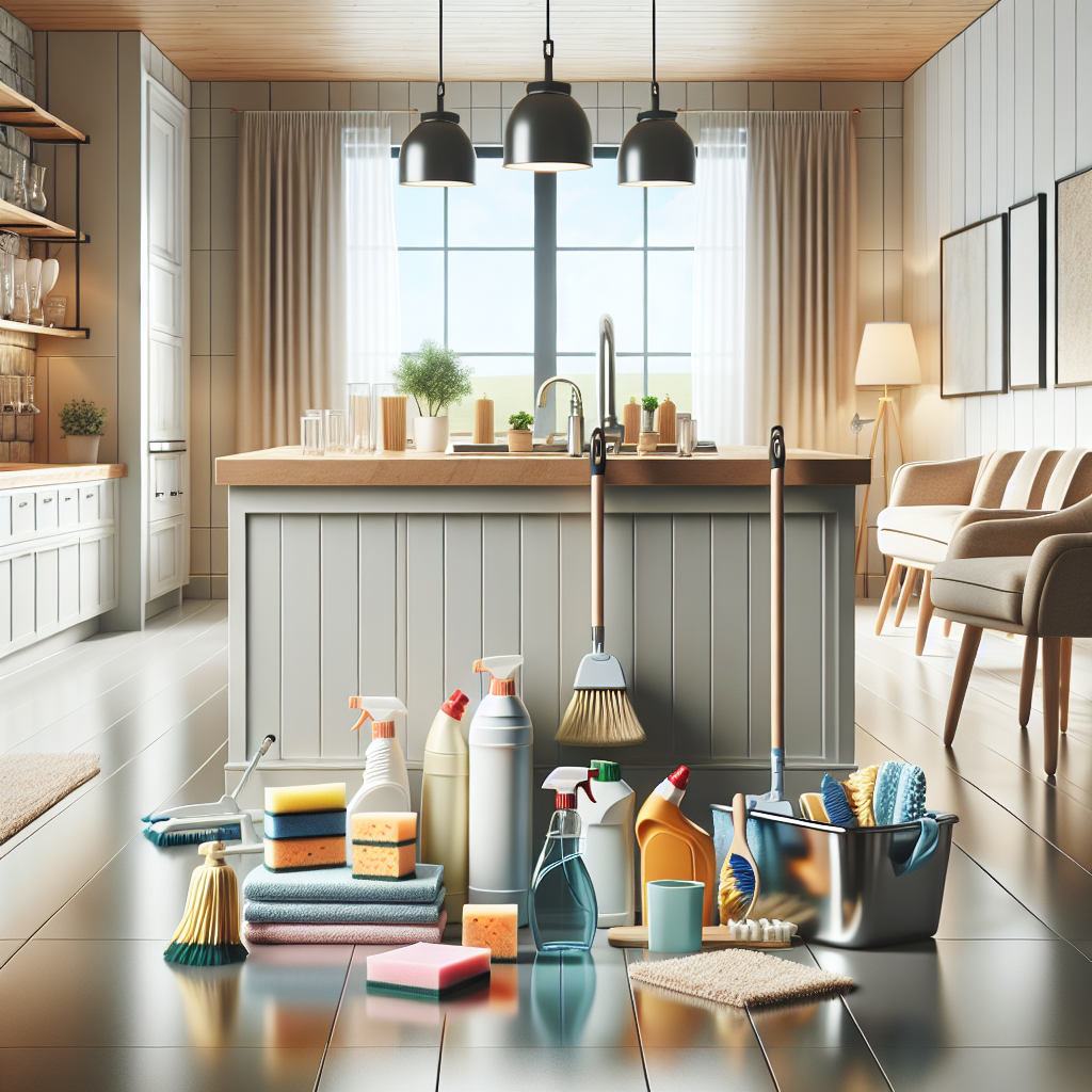 A professional cleaning service with neatly organized space and cleaning supplies.