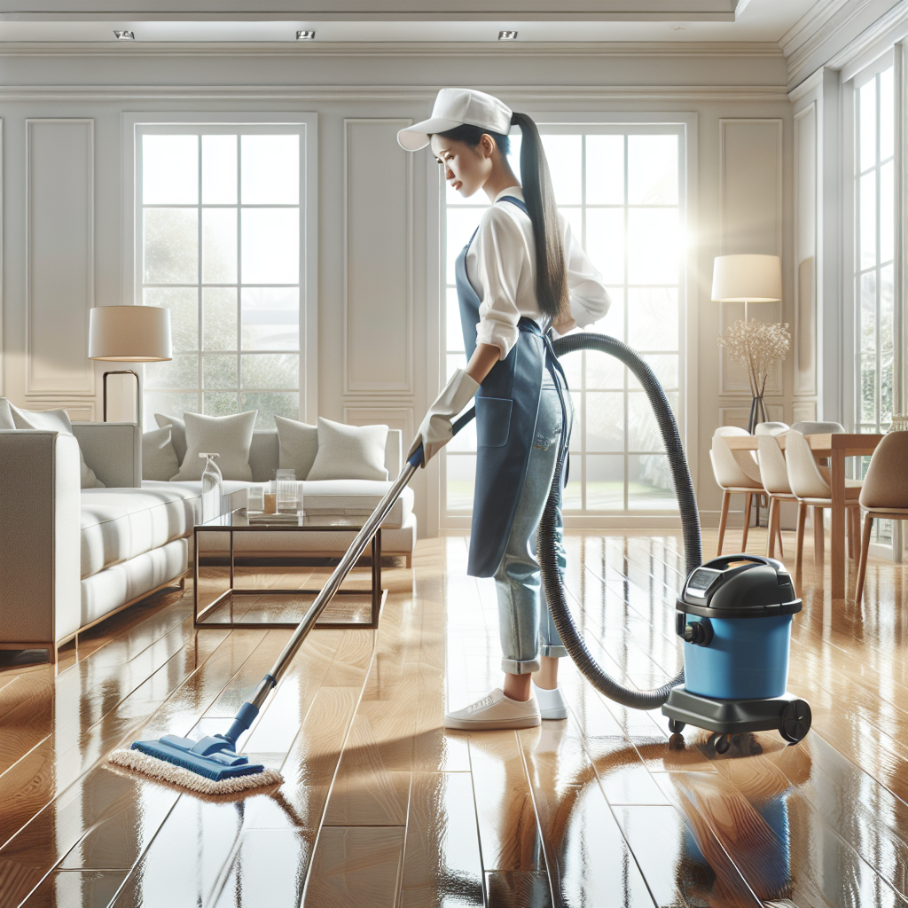 Clean modern house interior being professionally cleaned with house cleaners in uniform.