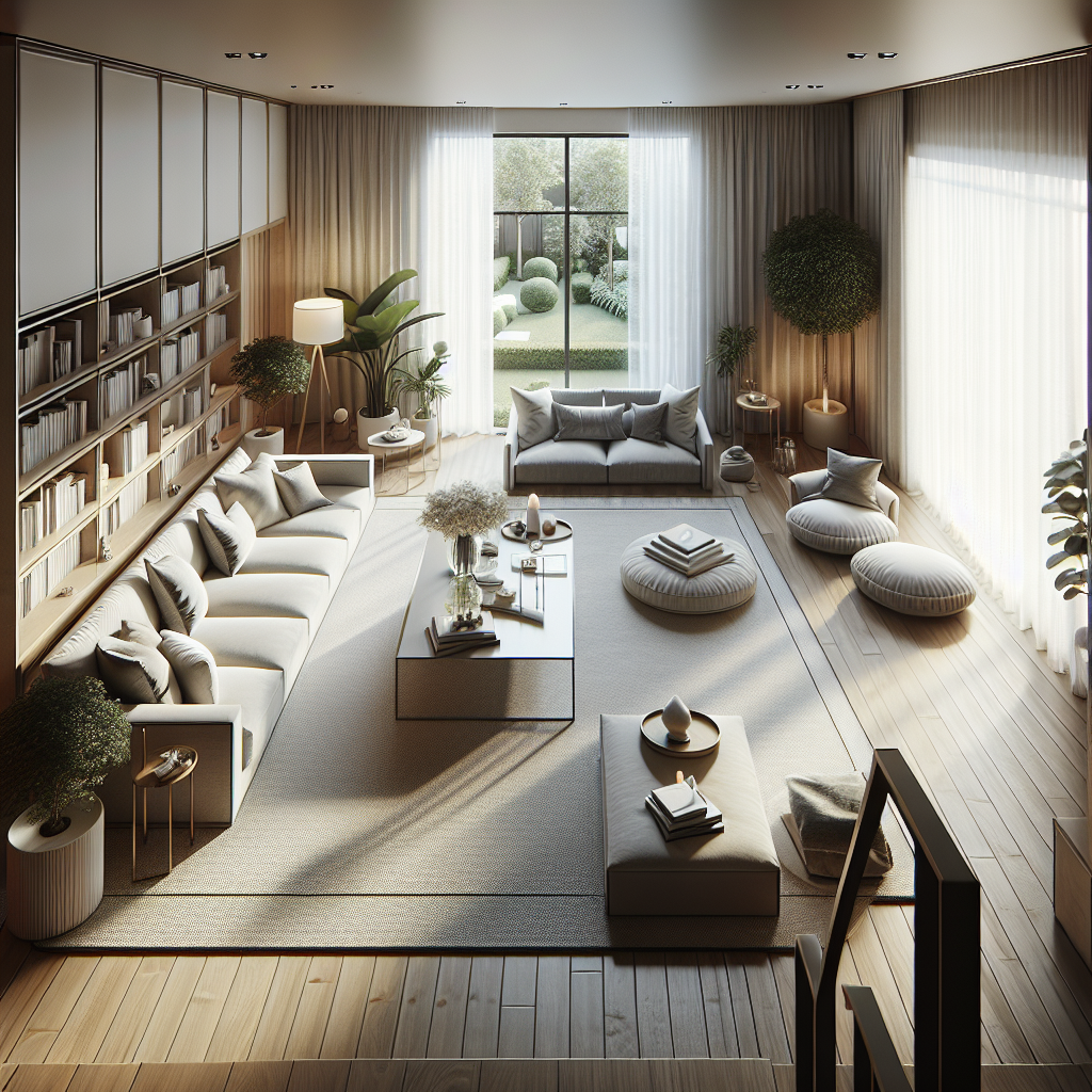 A realistic clean and tidy living room with modern furniture, spotless wooden floors, and an organized feel.