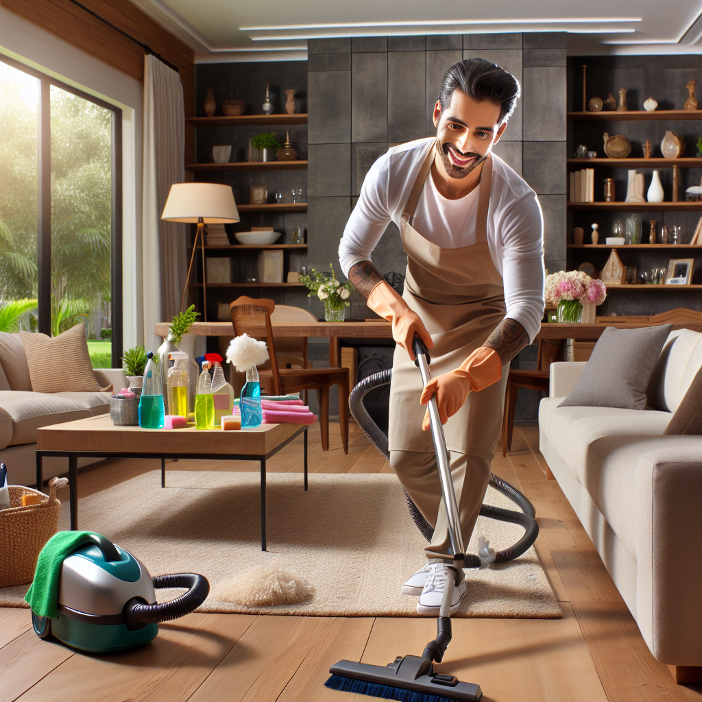 A person cleaning a well-organized and tidy living room.