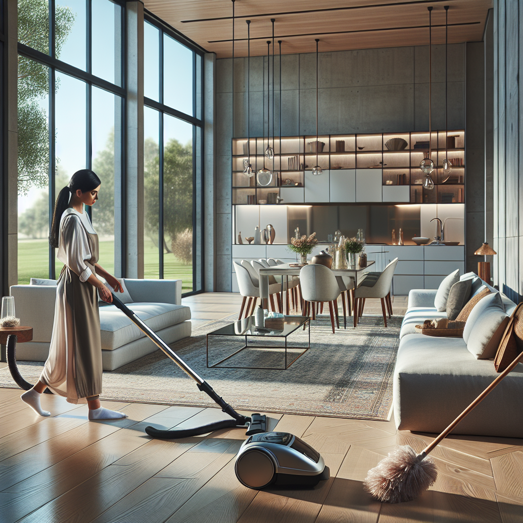 A modern house interior being cleaned with a person vacuuming the floor, surrounded by cleaning tools.