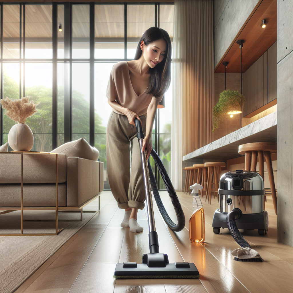 A person performing deep cleaning in a modern home.