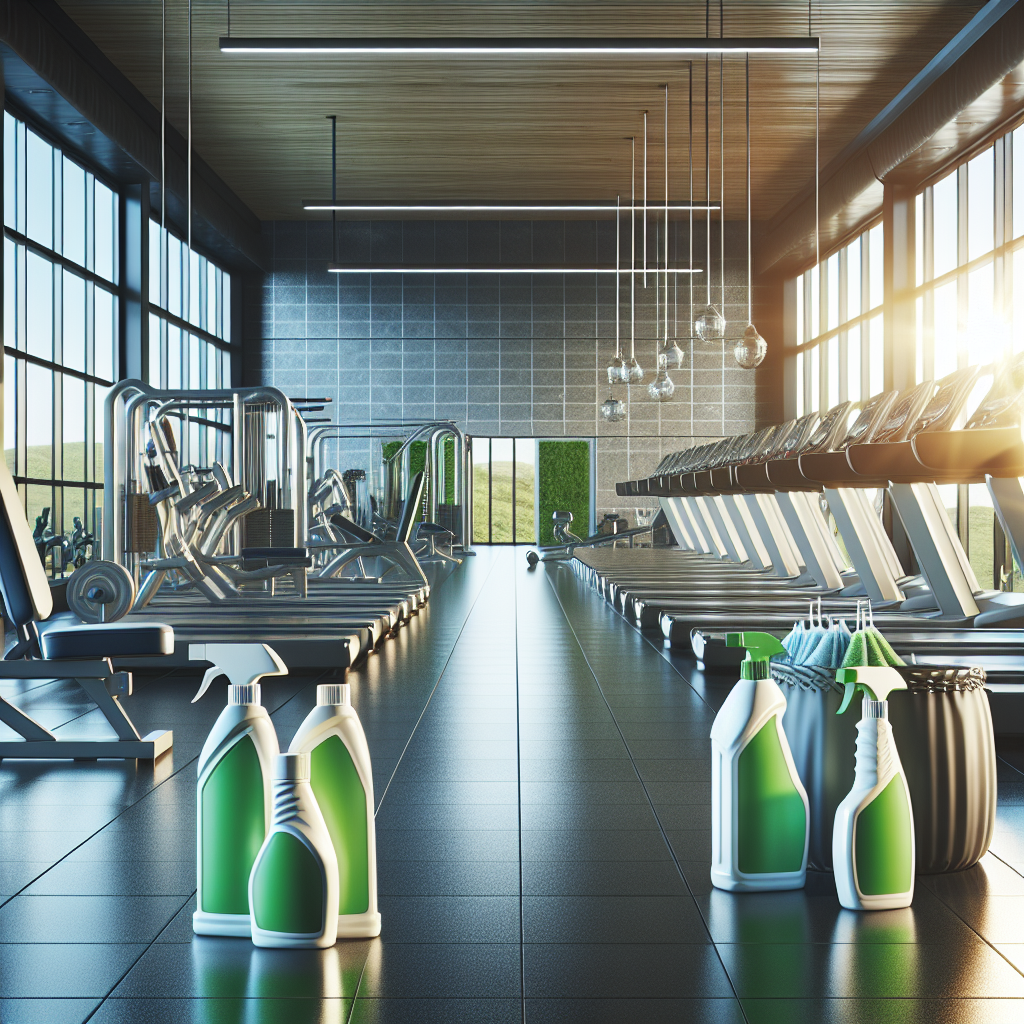 Realistic image of a clean gym with eco-friendly cleaning products.