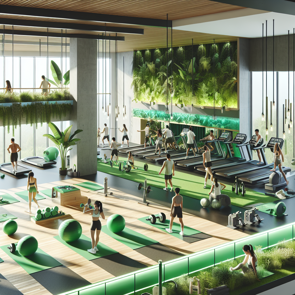 A realistic illustration of an environmentally friendly gym with eco-friendly features and people exercising.