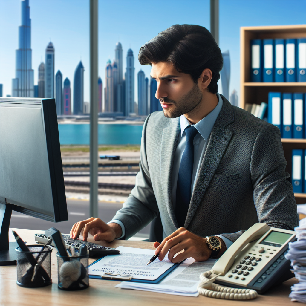 A Customs Clearance Agent In Dubai Office Working On Documents With A Dubai Skyline In The Background.