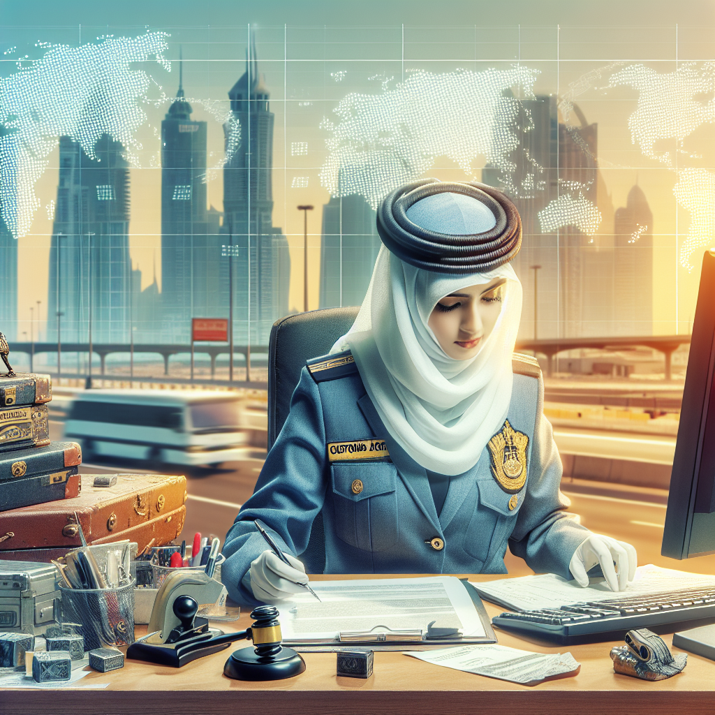 A Realistic Image Of A Customs Clearance Agent In Dubai, Working At A Desk With Documents And A Computer.