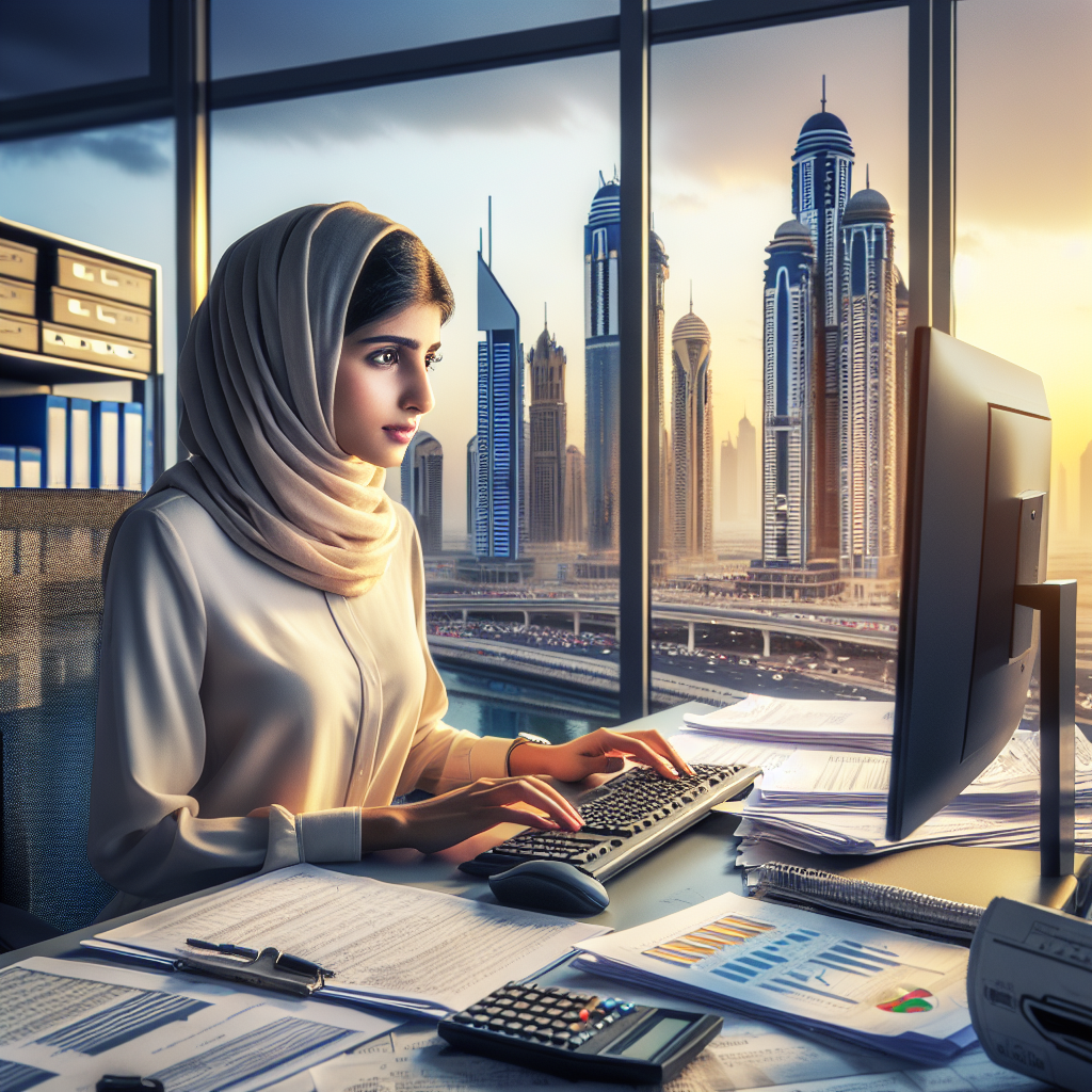 A Realistic Image Of A Customs Clearance Agent At Work In Dubai With Modern Cityscape In The Background.