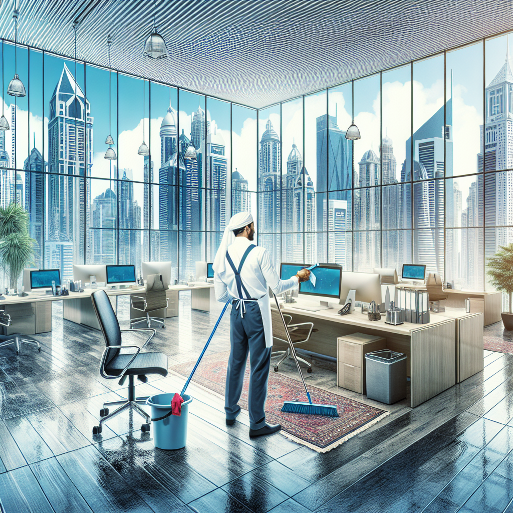 A Realistic Image Of A Professional Cleaning Agent Working In A Modern Dubai Office.