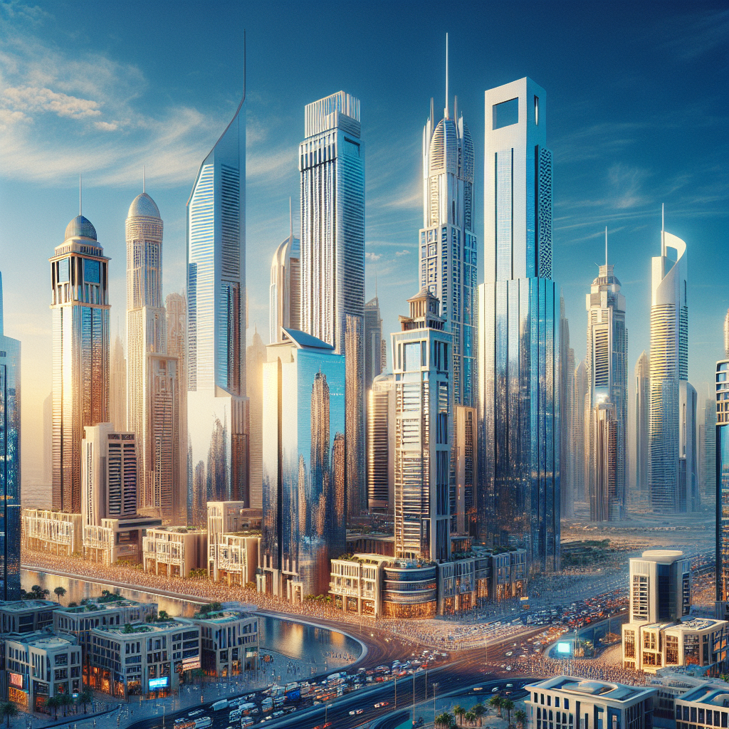 A Realistic Depiction Of A Vibrant Dubai Cityscape With Modern Skyscrapers.