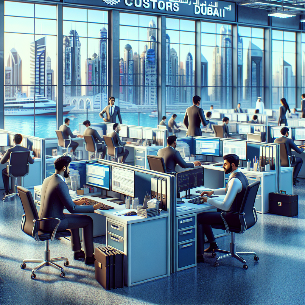 Customs Brokers Working In A Modern Office In Dubai, With The Cityscape Visible Through The Windows.