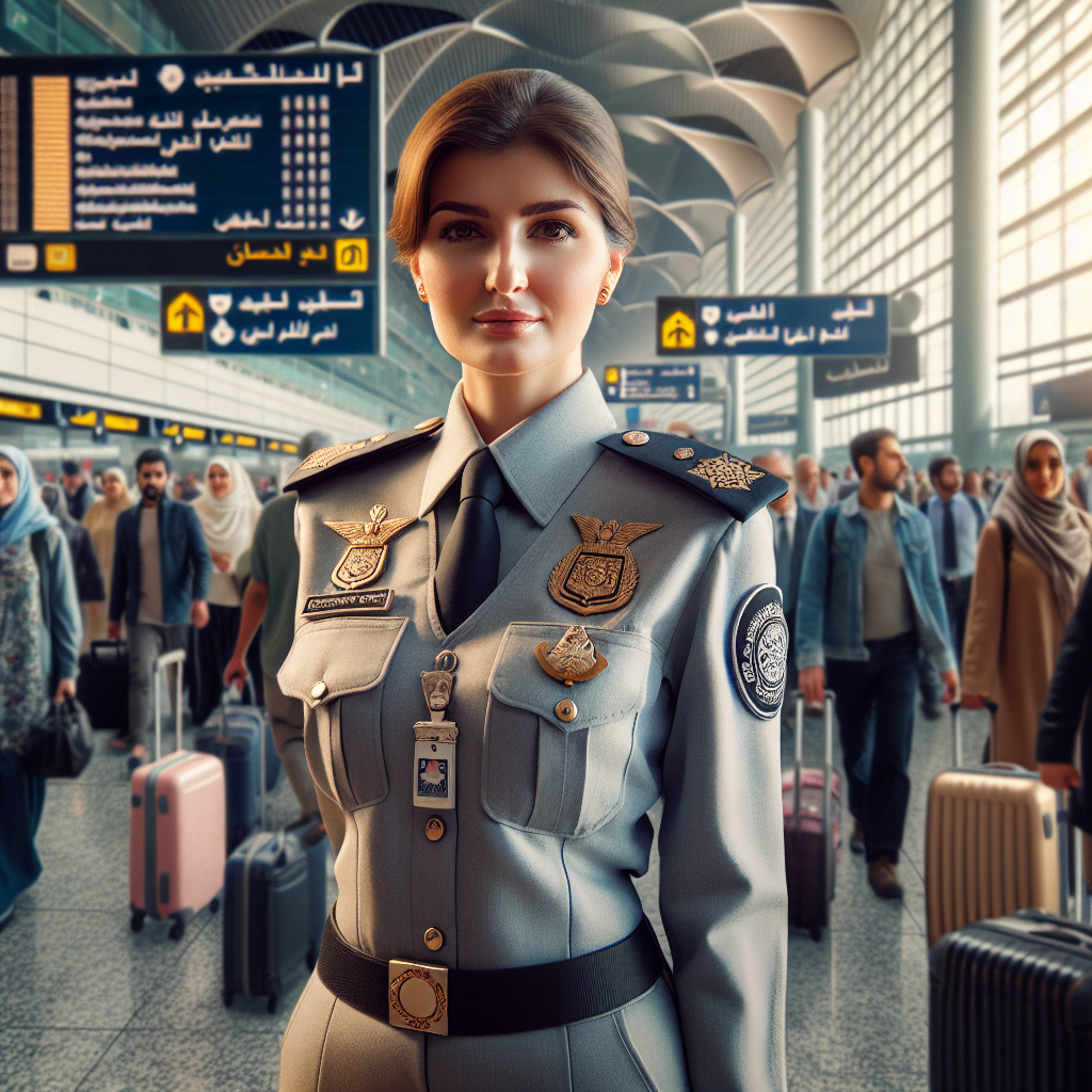 A Realistic Image Of A Dubai Customs Agent In A Busy Airport Environment.