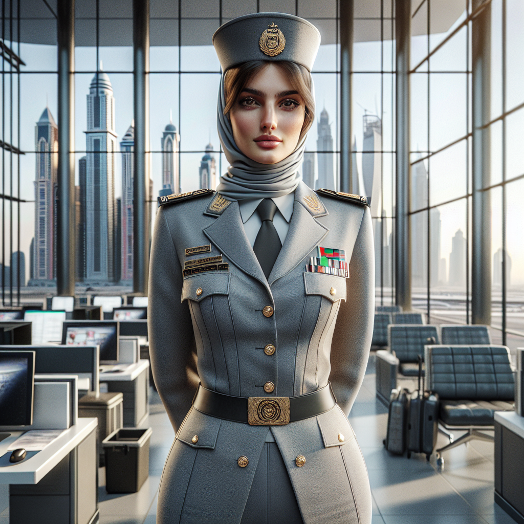 A Realistic Image Of A Dubai Customs Agent In A Modern Office With The Dubai Skyline In The Background.