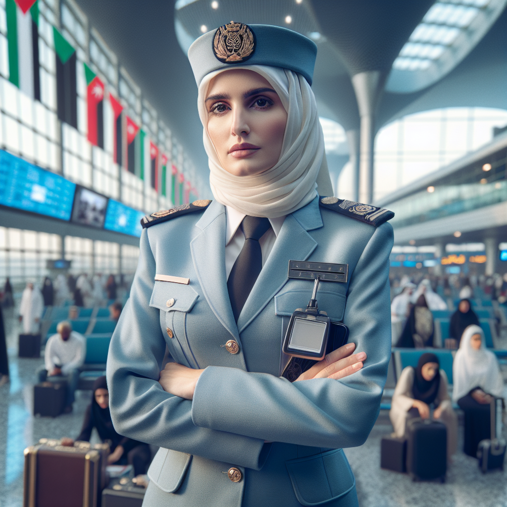 A Dubai Customs Agent In Uniform At A Busy Airport Or Customs Area.