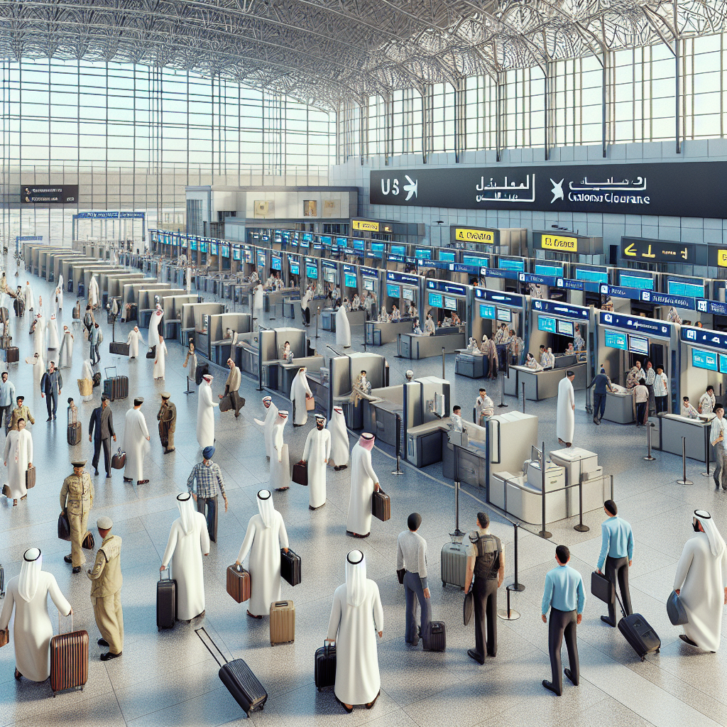 Customs clearance dubai 4 A Bustling Dubai Customs Clearance Area With Officers, Travelers, And Various Elements Like Luggages And Counters.